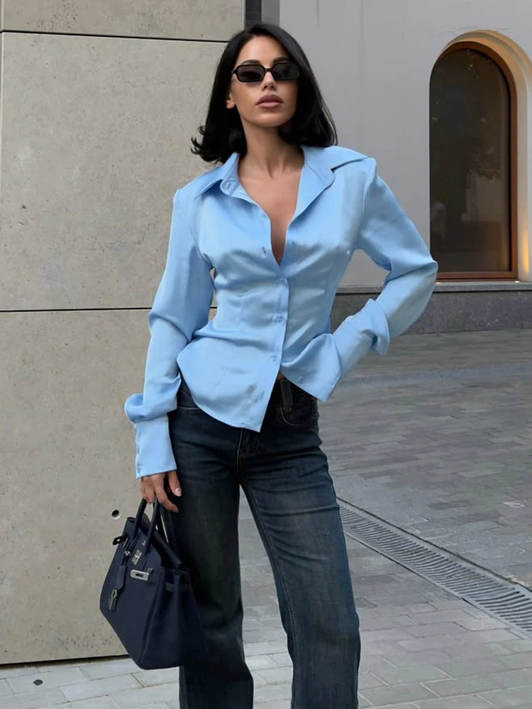 Elegant Satin Long Sleeve Button-Up Shirt for Women