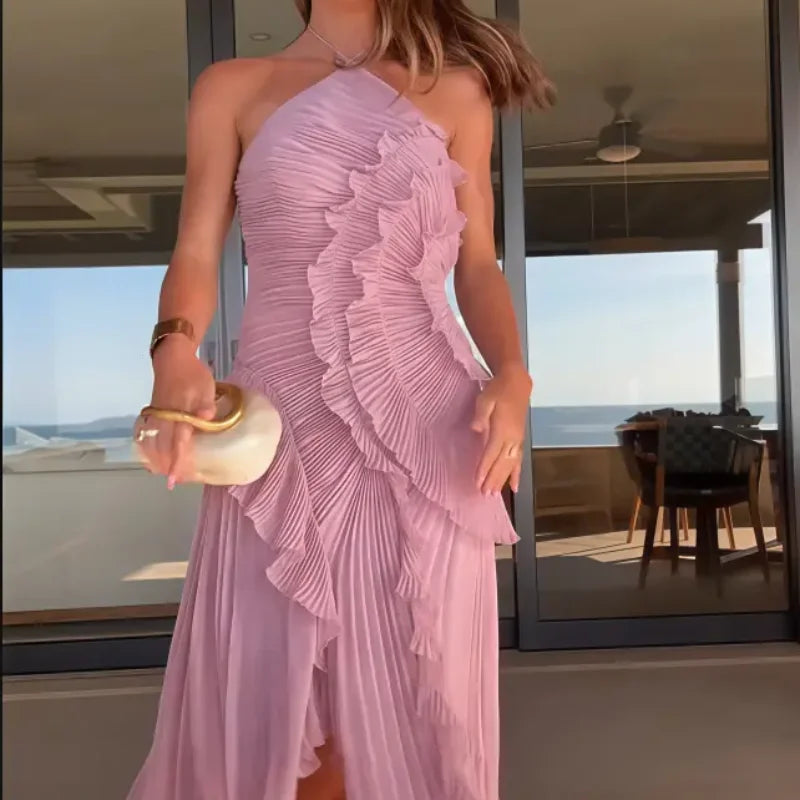 Chic Pleated Halter Neck Long Vacation Dress High Quality Purple Strapless Lotus Edge Maxi Dress 2025 New Lady Vacation Gown