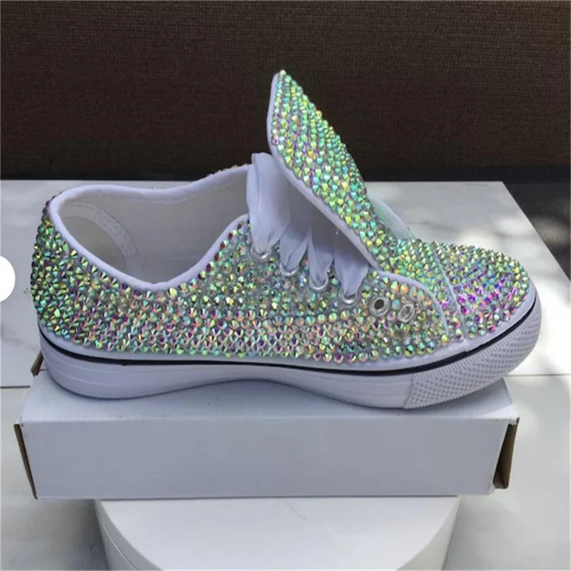 Handcrafted Rhinestone Lace-Up Canvas Wedding Shoes for Women