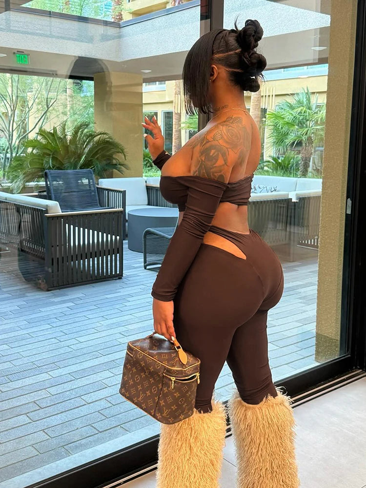 Slash-Neck Crop Top Two-Piece Set