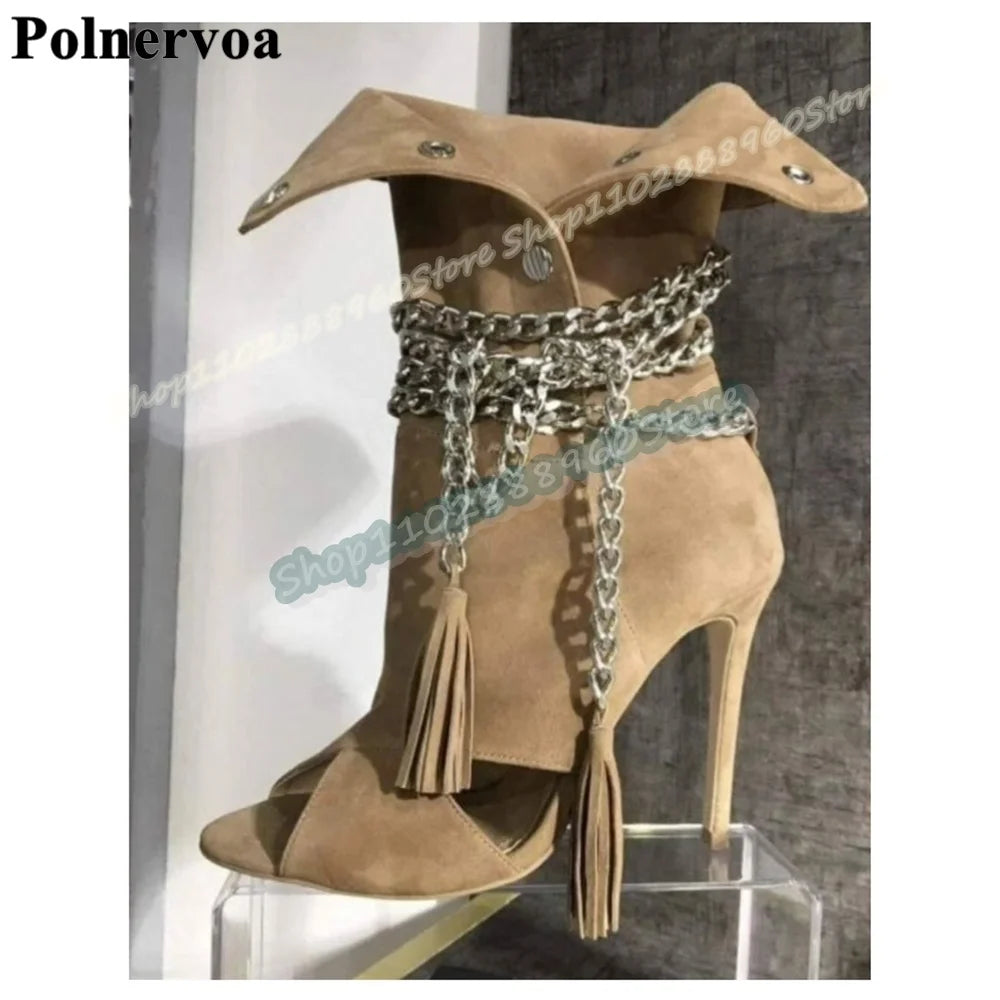Khaki Suede Metal Chain Tassels Ankle Boots for Women