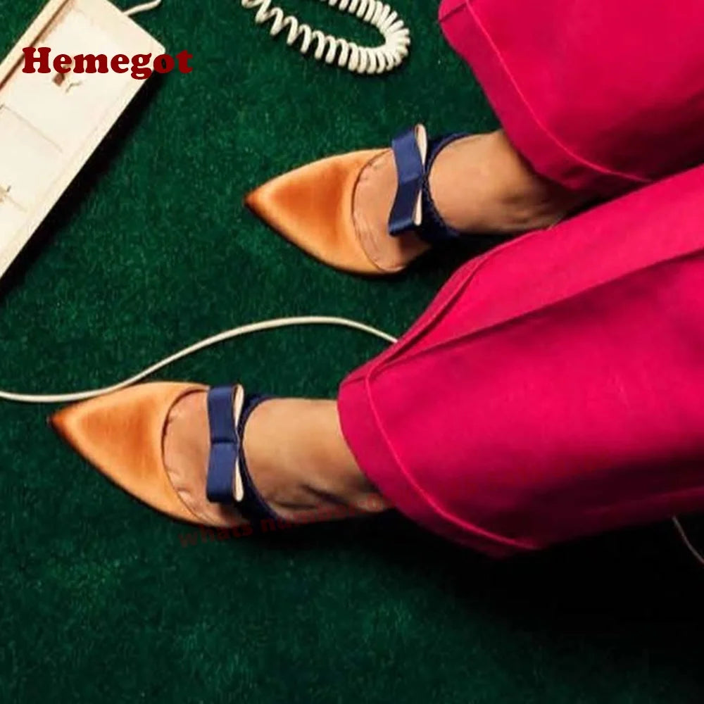 Leopard Bow Detail Blue Satin Pumps Pointed Toe for Women