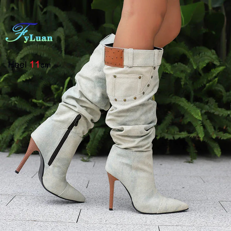 Fashion Knee High Pointed Pleated Denim Boots With Stiletto Heels For Women