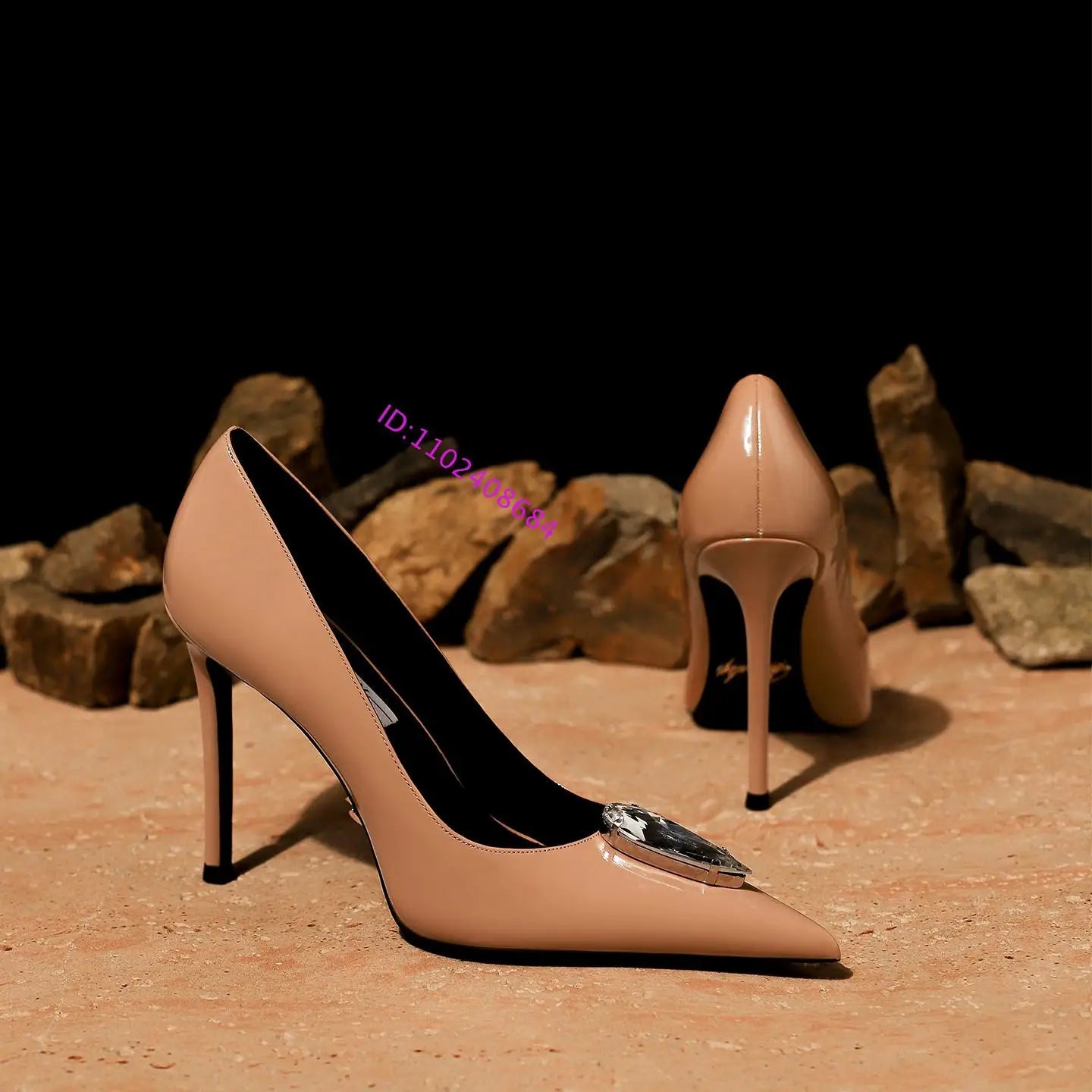 Nude Patent Leather Pointed Toe Crystal Stiletto Pumps for Women