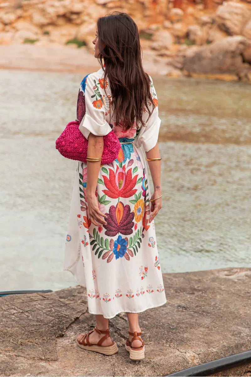 Bohemian Printed Lace-Up Loose-Fit Midi Dress for Women