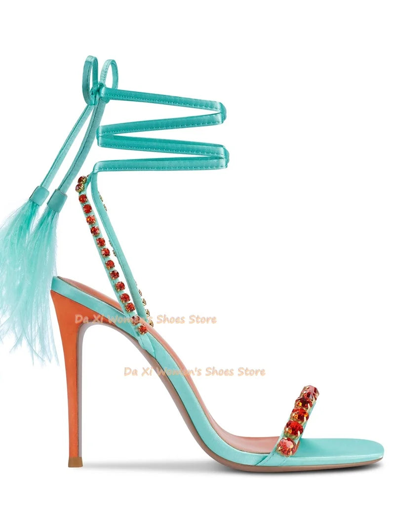 Satin Square Toe Rhinestone Ankle Strap Feather Stilettos For Women
