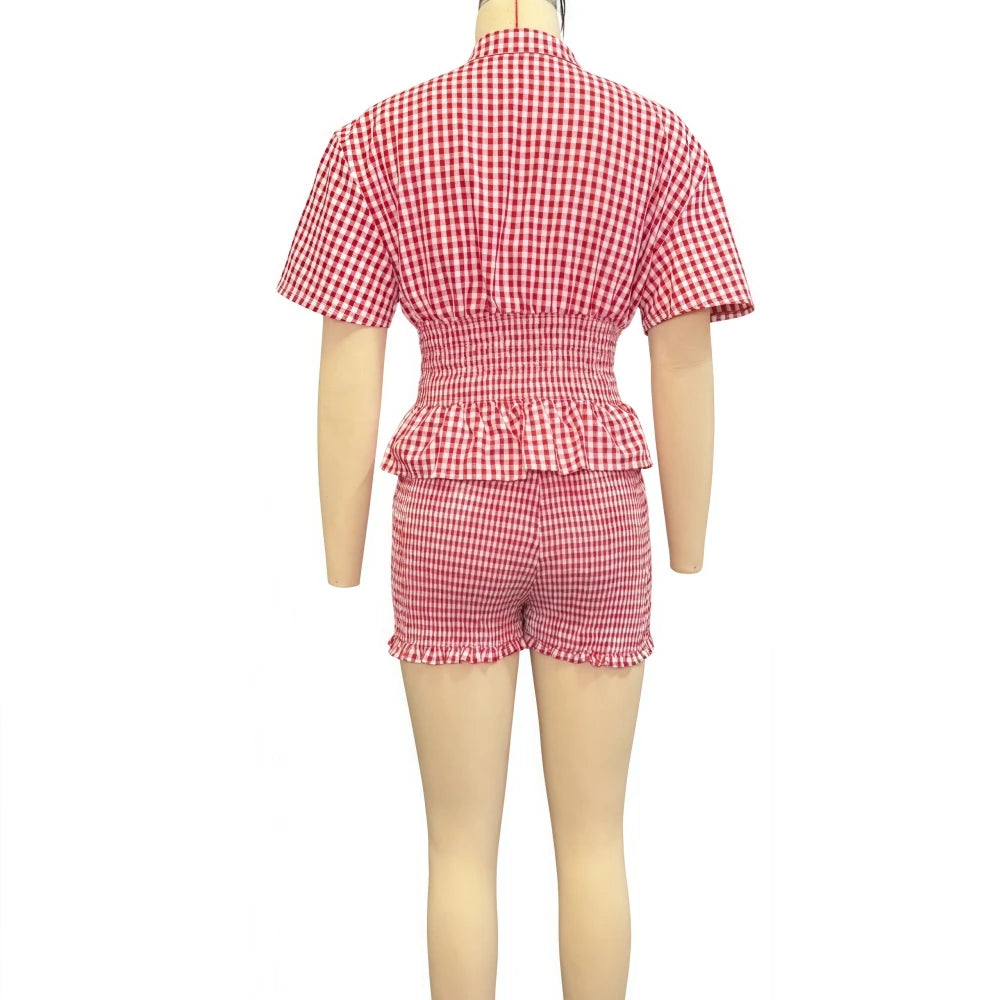 FAGADOER Casual Red Plaid 2 Pieces Set for Woman Short Sleeve Ruffle Patchwork Shirts and Shorts Outfit Female Streetwear New