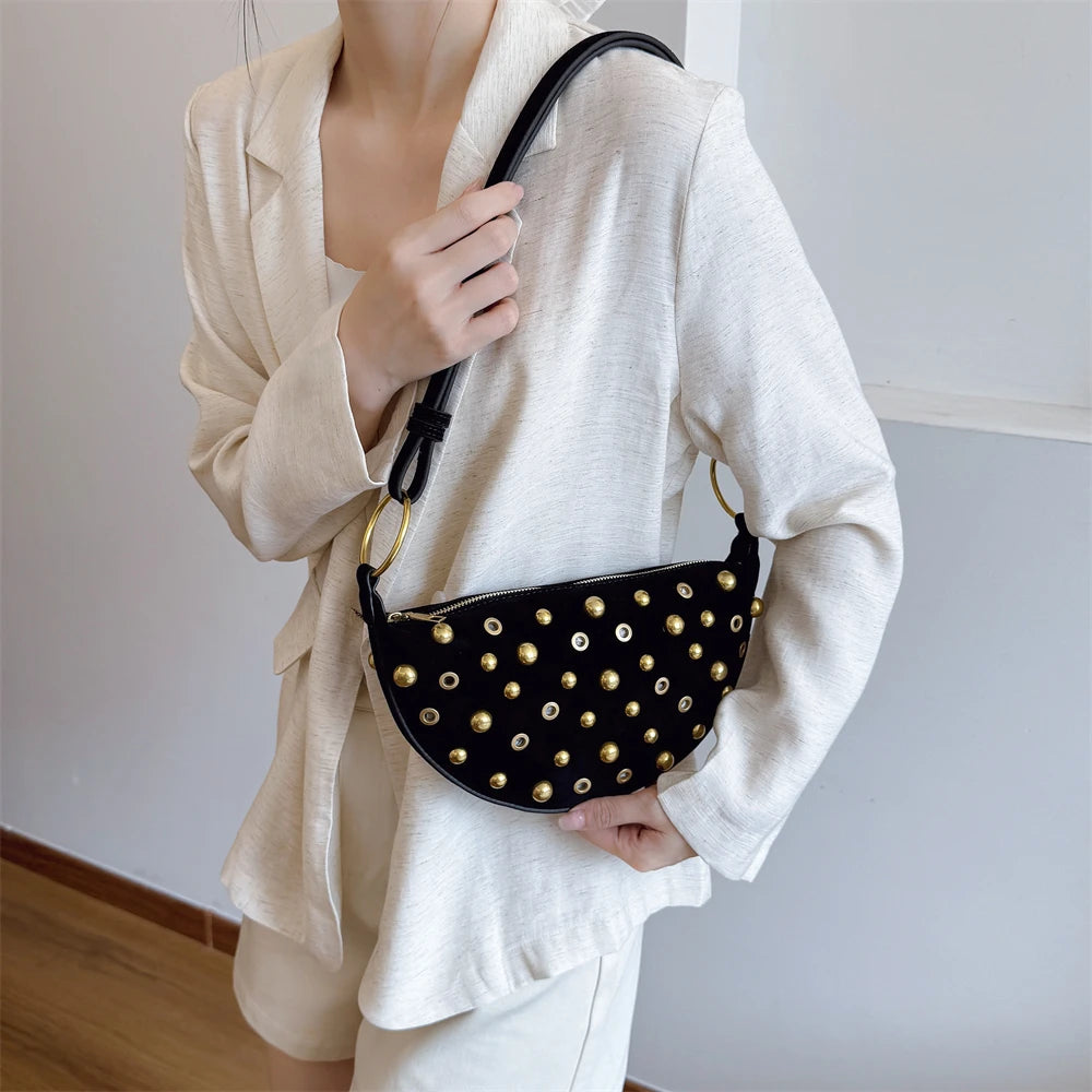 Faux Suede Rivet Half Moon Shoulder Bag for Women
