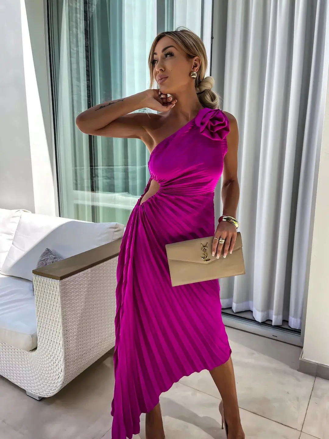 One Shoulder Flower Decor Pleated Elegant Dress for Women
