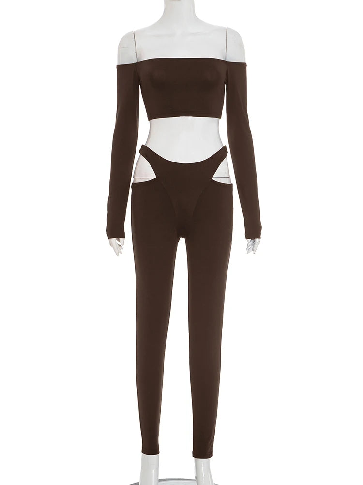Slash-Neck Crop Top Two-Piece Set