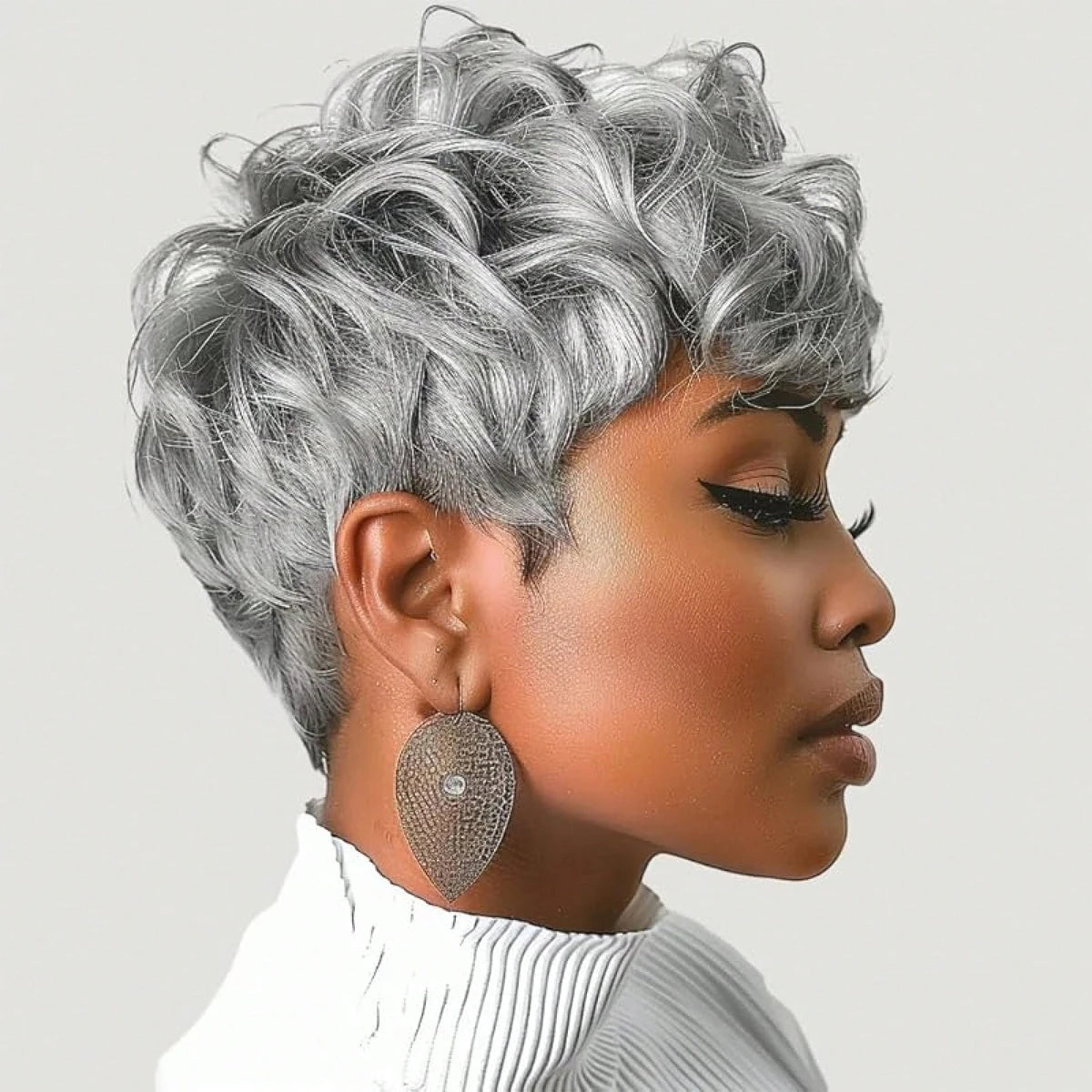 Silky Soft Natural Grey Short Curly Pixie Wig for Women