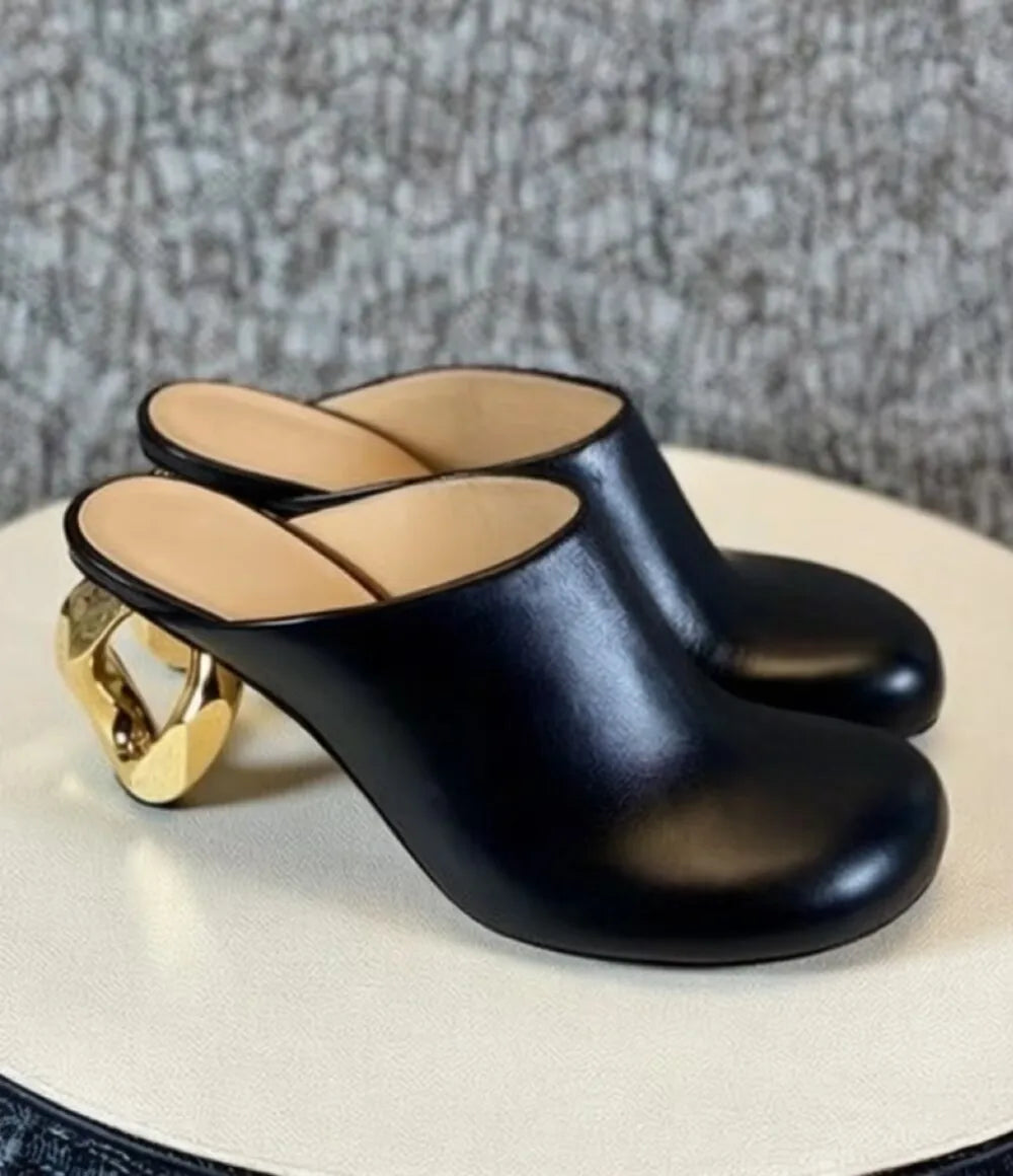 Black Leather Backless High Heels