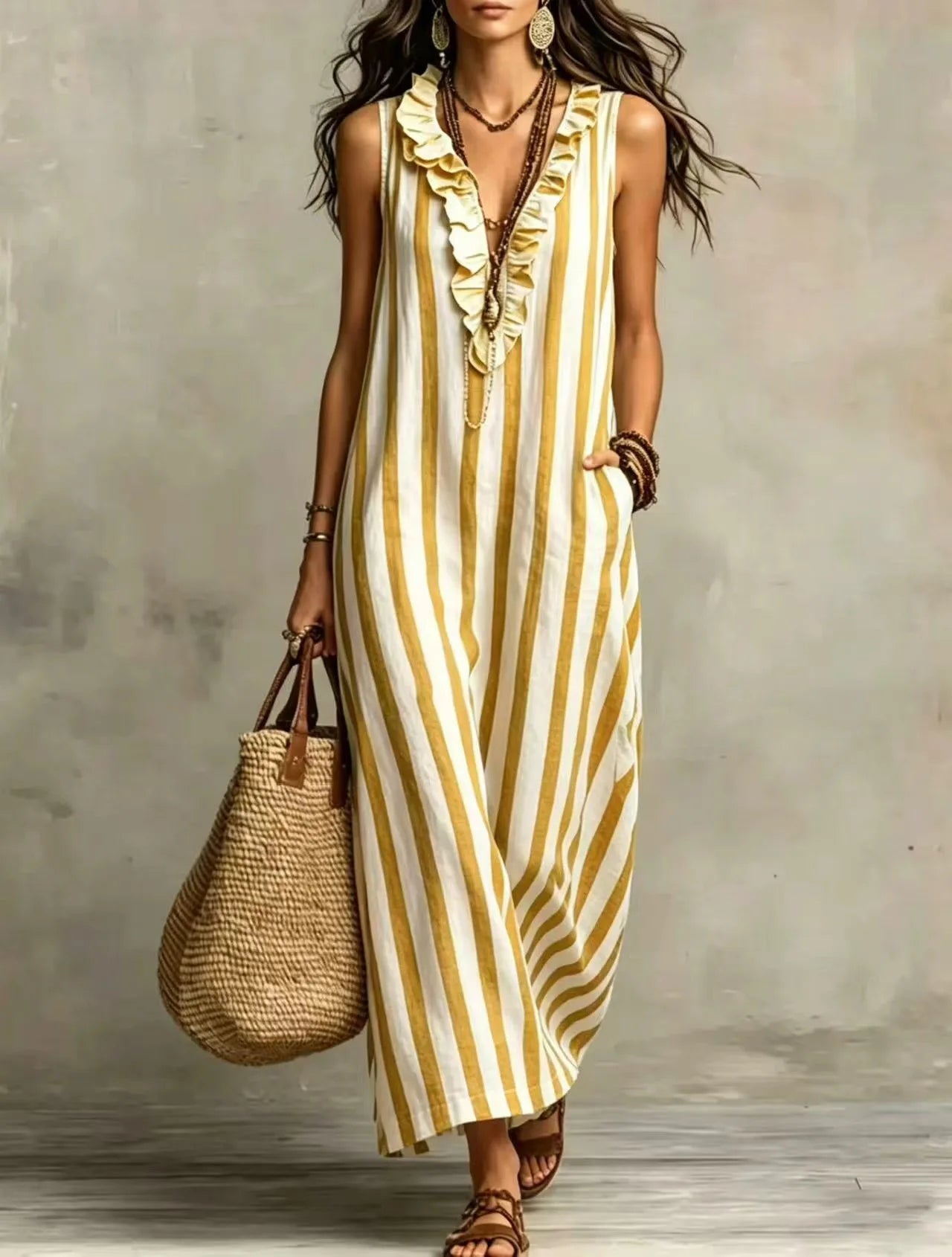 Striped V-Neck Ruffle Sleeveless Pocket Maxi Dress for Women