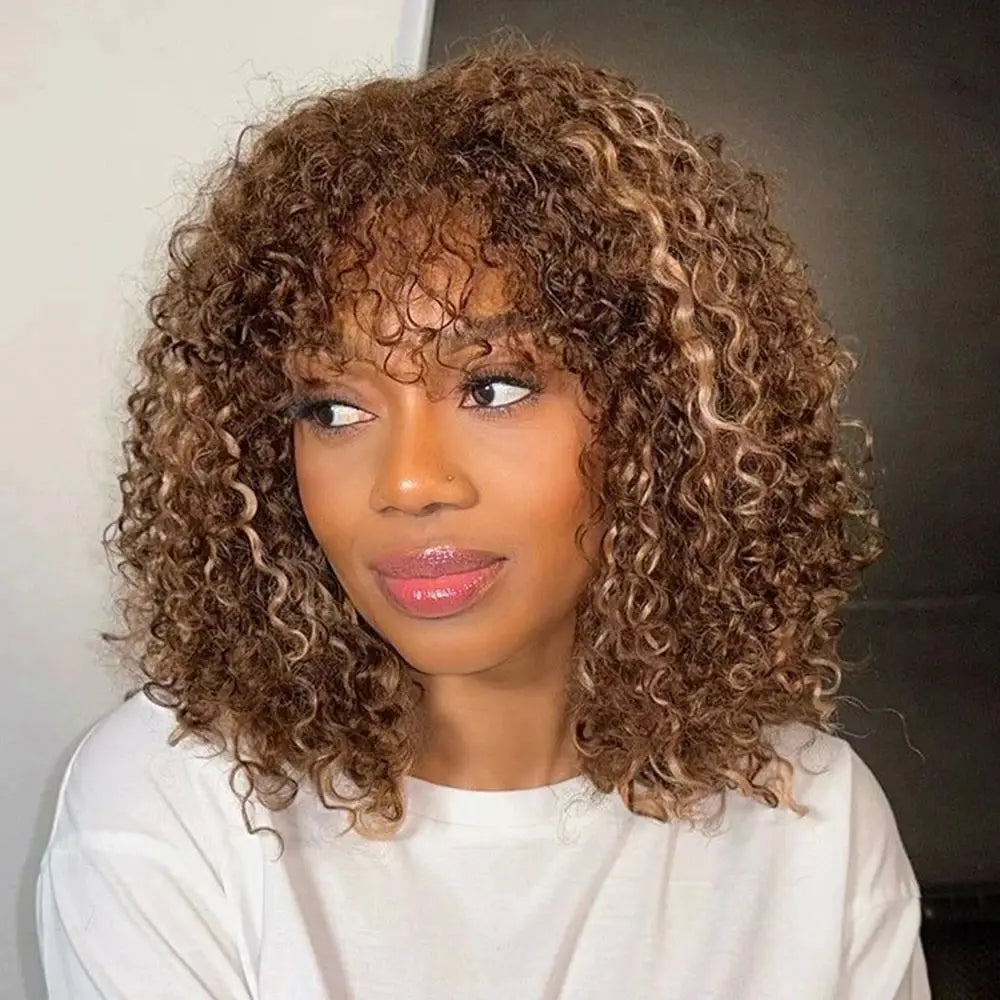 Short Ombre Curly Human Hair Bob Wig With Bangs for Women