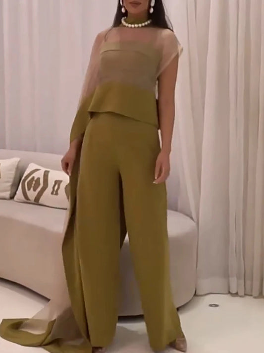 Fashion Perspective Mesh Splicing Women's Jumpsuit Casual Temperament Solid Color Wide Leg Romper New Vintage Suspender Playsuit