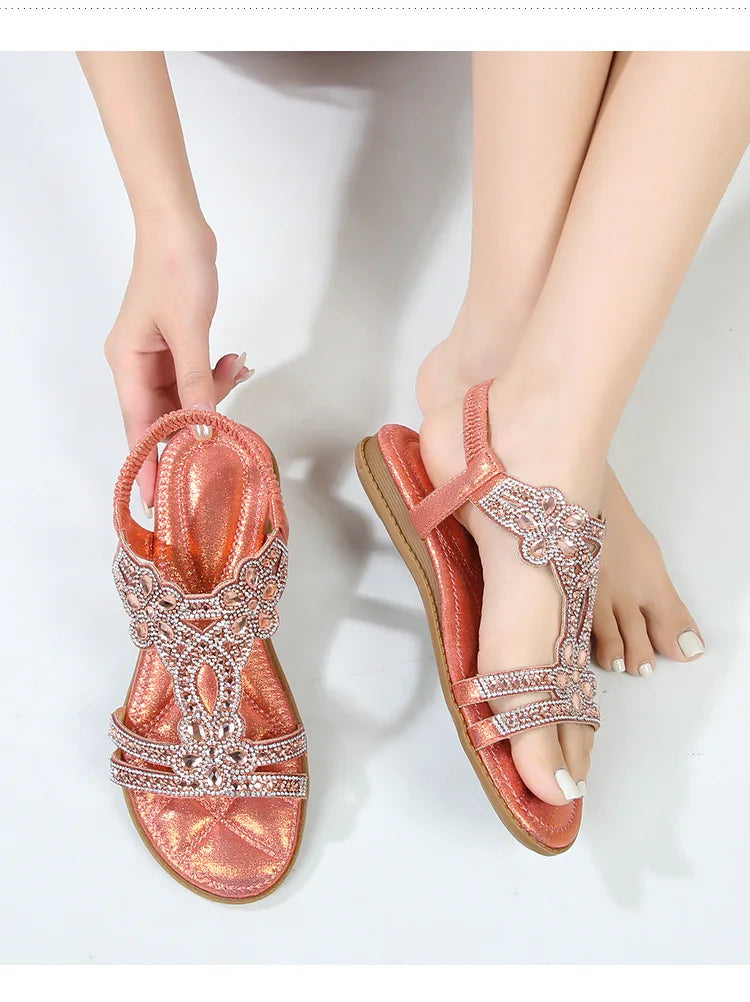 Bohemian Rhinestone Openwork Flat Sandals For Women