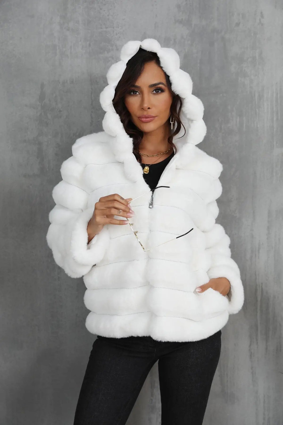 Warm Hooded Short Faux Fur Coat With Turn Down Collar for Women