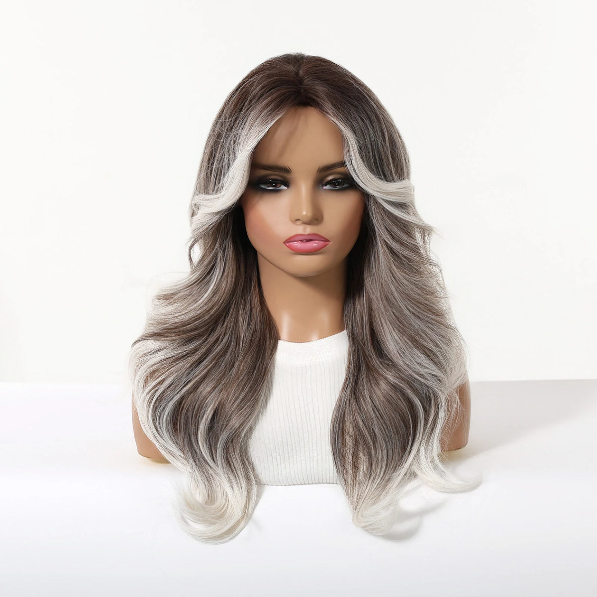 Long Wavy Grey And White Highlight Synthetic Wig for Women