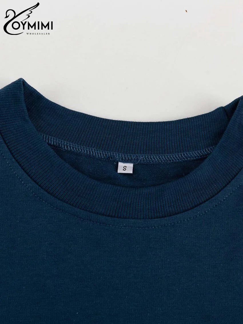 Oymimi Casual Blue Patchwork Sets For Women 2 Pieces O-Neck Long Sleeve Blouse And Drawstring Straight Sweatpants Set Streetwear