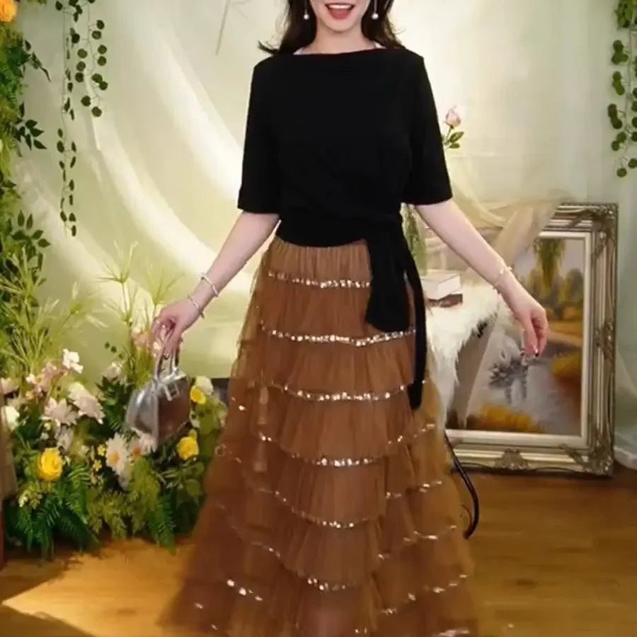 Sequin Layered Mesh High Waist A Line Party Skirt For Women