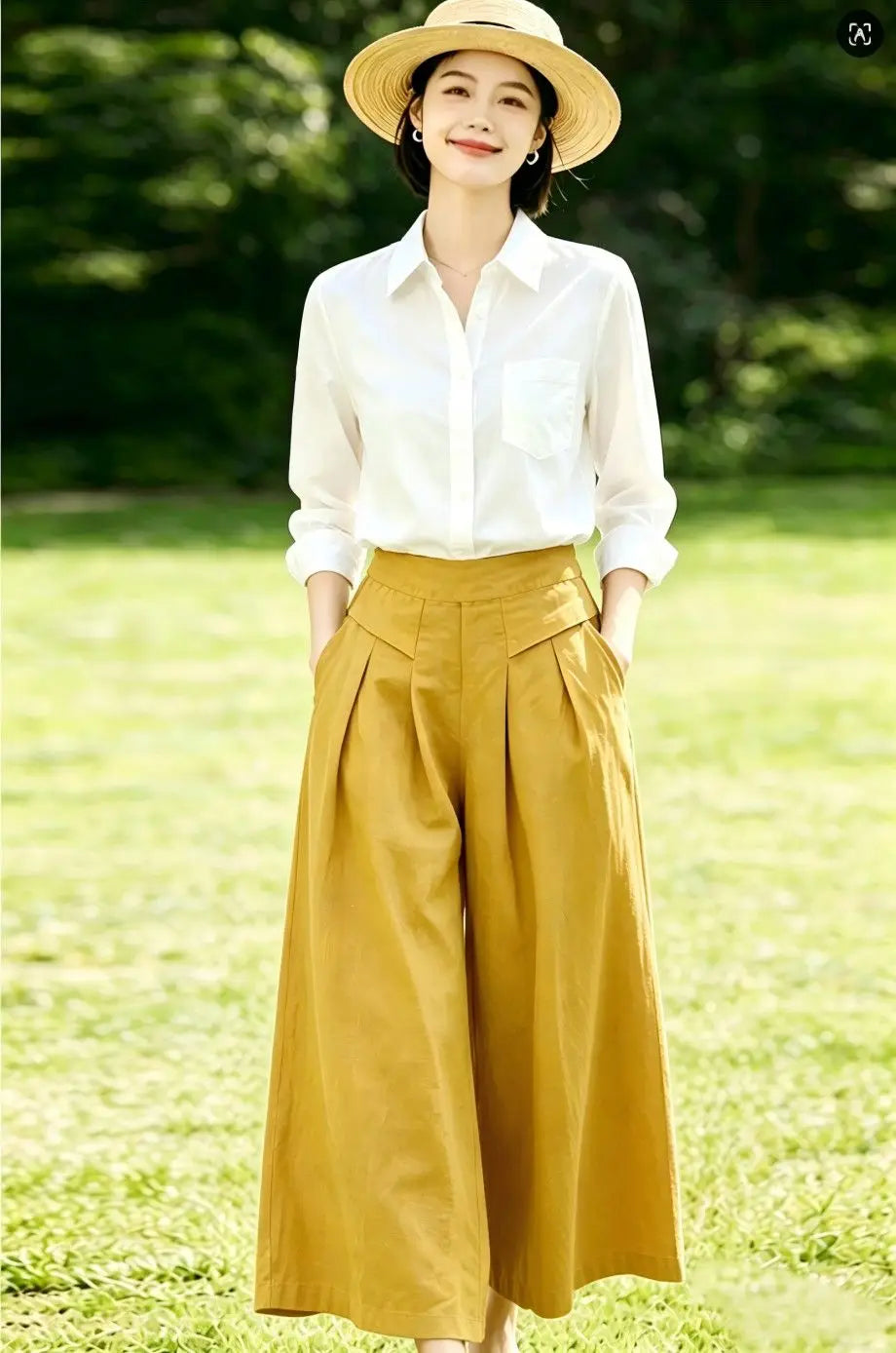 High-Waisted Cotton Linen Wide-Leg Culottes for Women