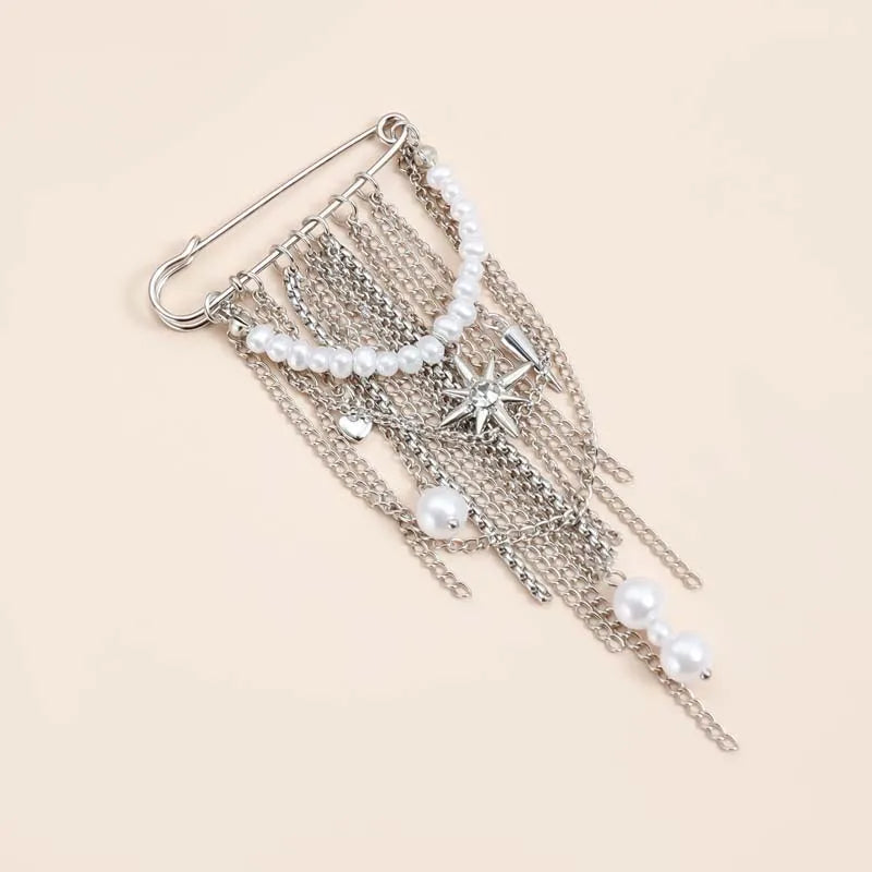 Layered Pearl Heart and Star Tassel Brooch for Women