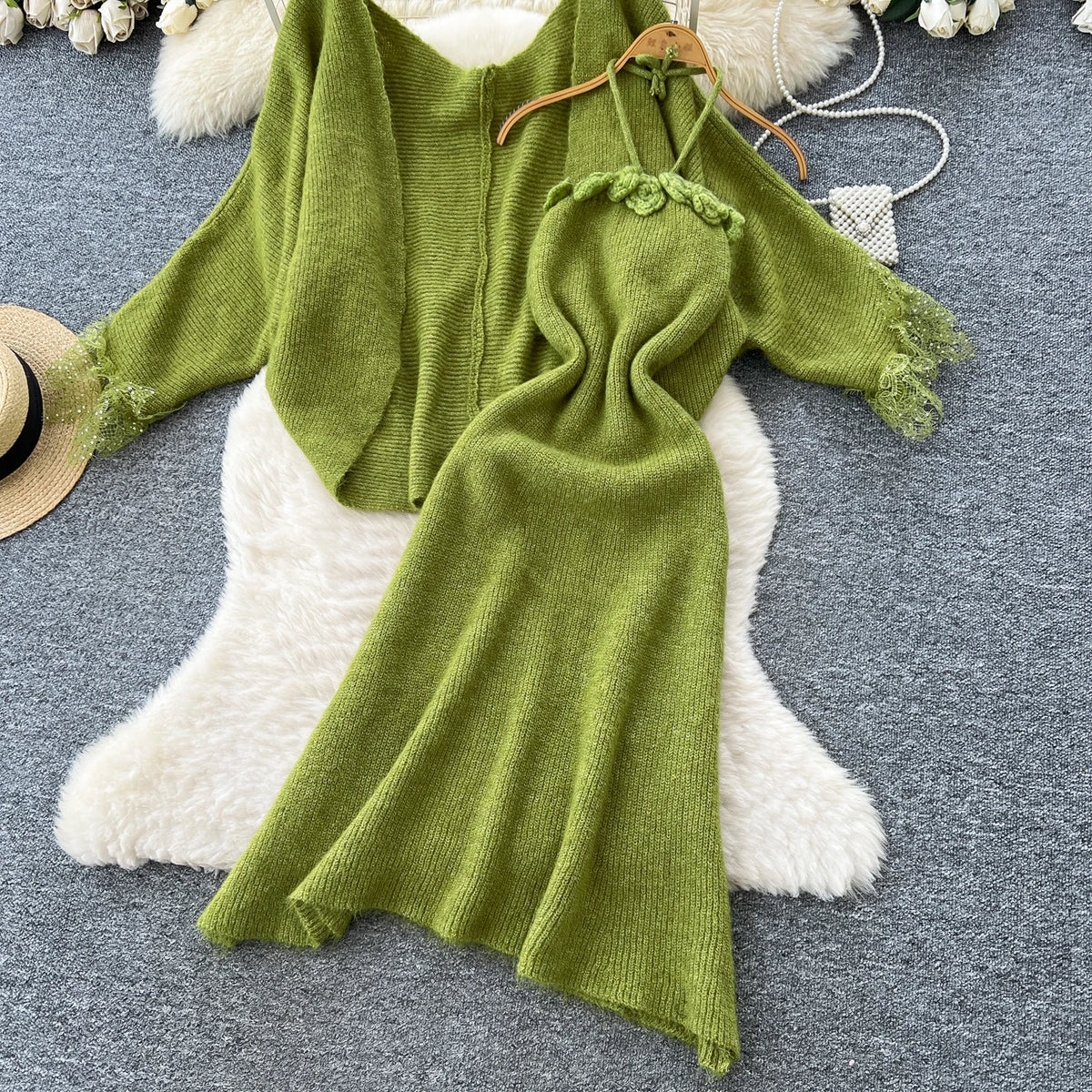 Lace Trim Knit Cardigan and Floral Halter Dress Set for Women