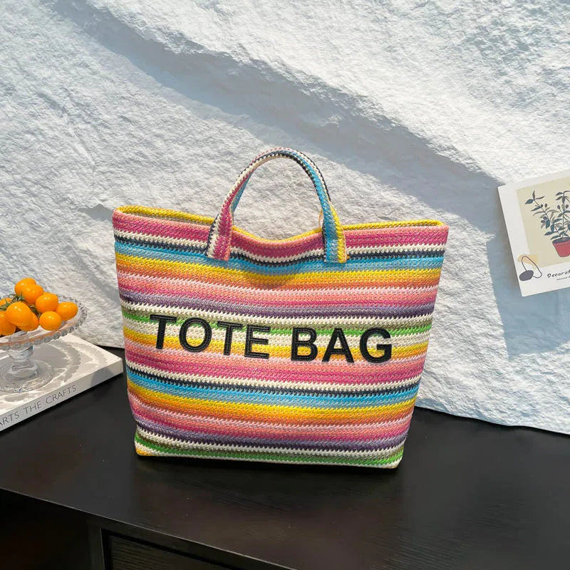 Large capacity beach woven bag, colorful striped tote bag, letter contrasting handbag for women