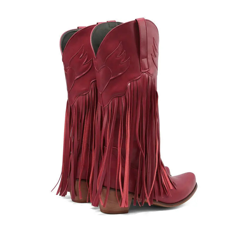 Retro Western Style Mid Calf Boots With Block Heel Tassels For Women