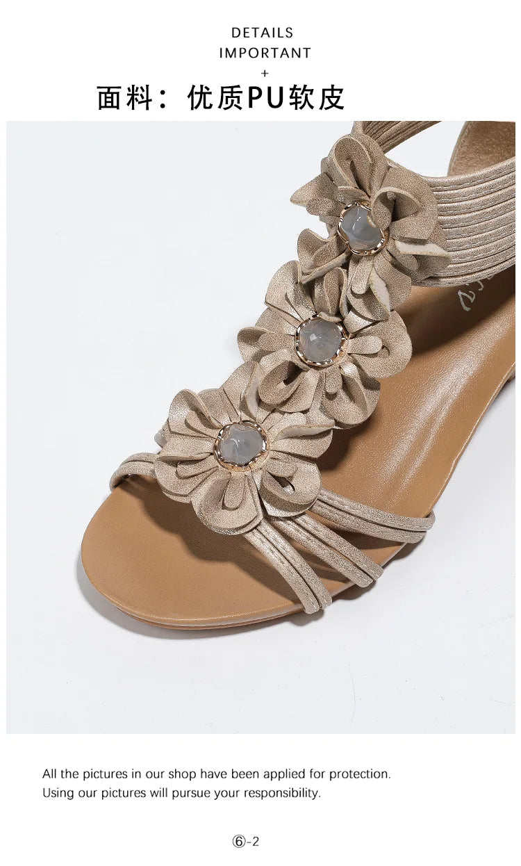 Bohemian Floral Vintage Leather Wedge Sandals for Women