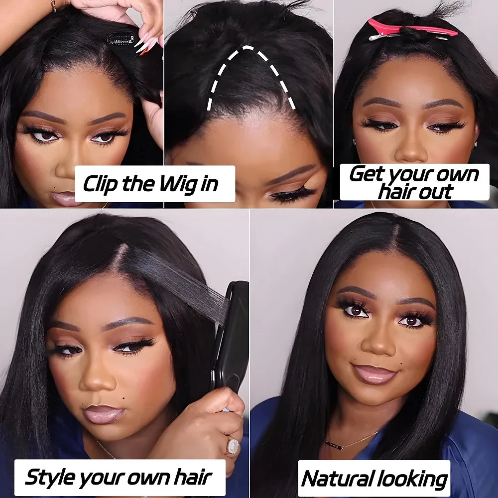Seamless Kinky Straight V Part Glueless Human Hair Wig For Women