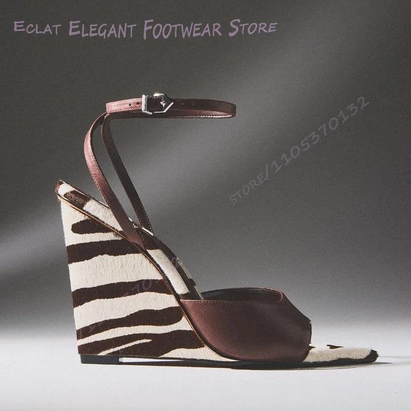 Striped Pony Hair Pointed Toe Crystal Buckle Wedge Sandals For Women