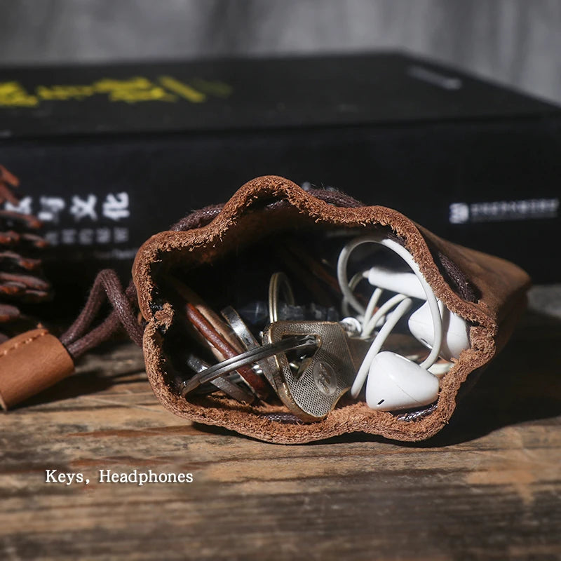 LUOKIR Men's Genuine Leather Coin Purse Simple Vintage Small Card Bag Women's Cowhide Wallet Keys Money Drawstring Storage Bags
