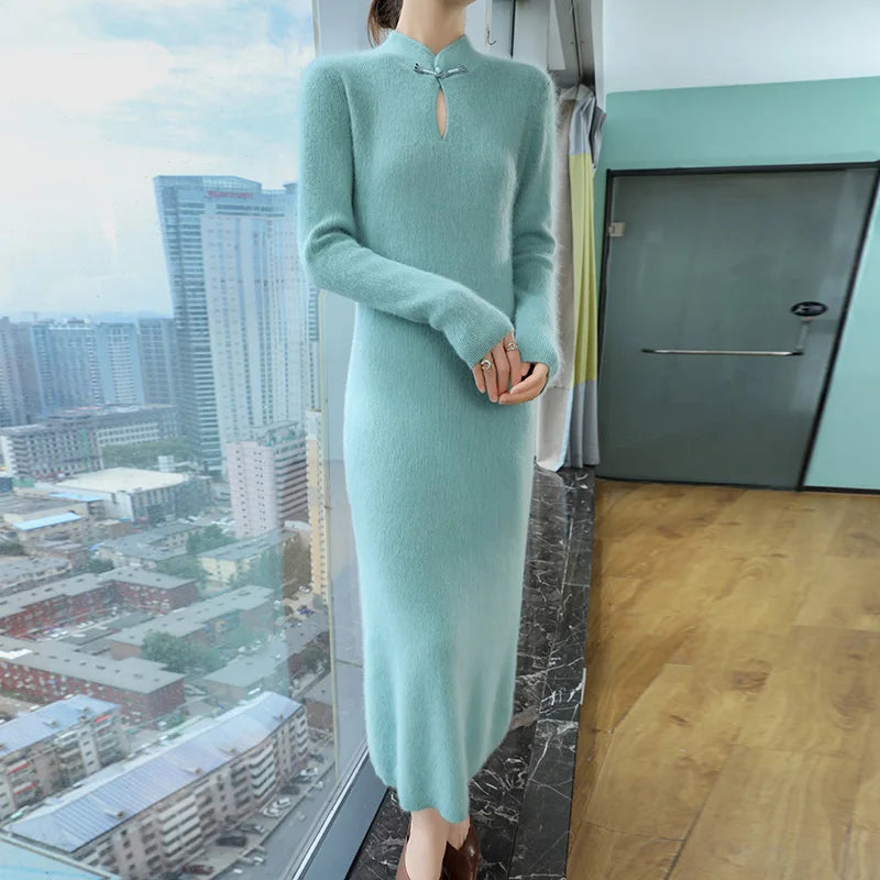 Cashmere Knit Dress with Stand Up Collar and Buckle for Women