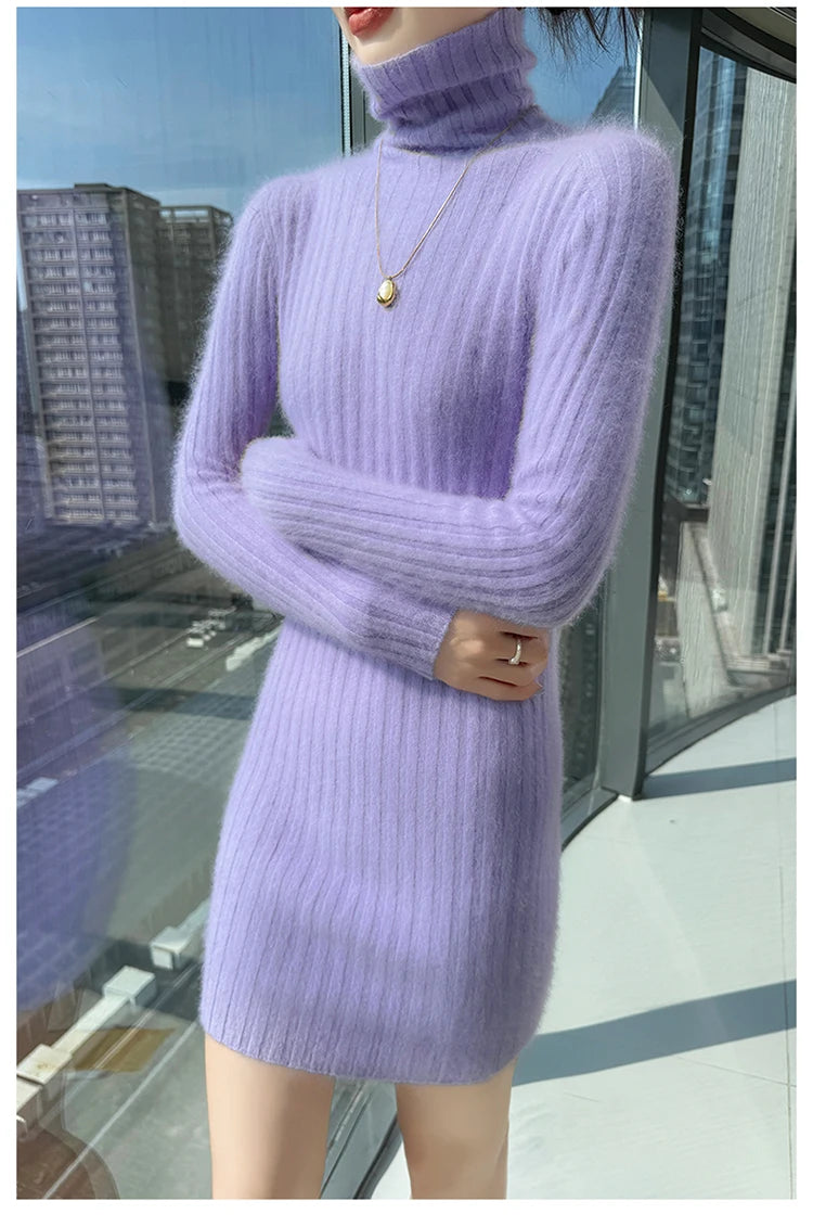 High Neck Slim Fit Stretch Knit Mini Dress for Women