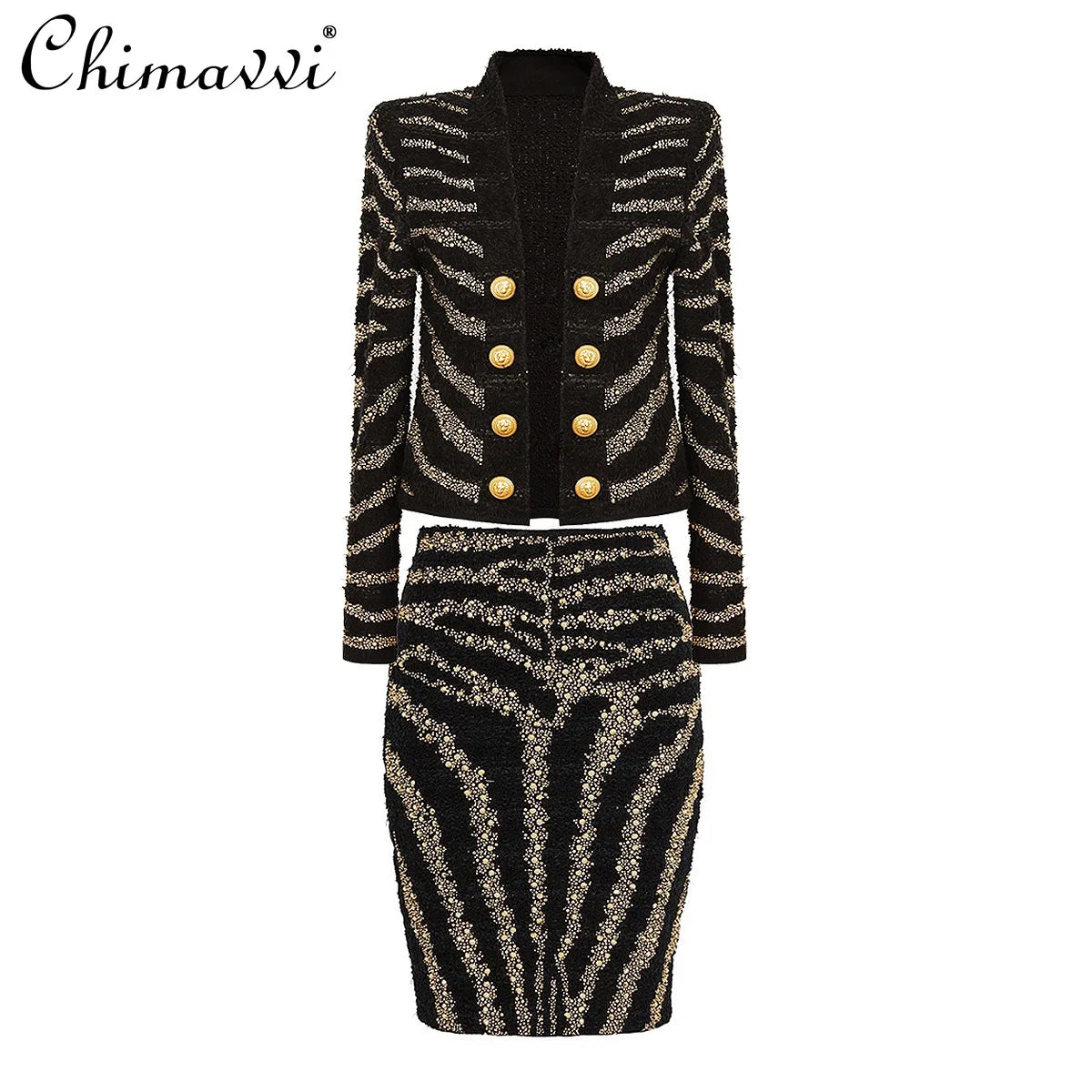 2025 Autumn New Heavy Knitted Hot Diamond Long-sleeved Jacket Sexy Vest + Skirt Set Light Luxury Party Women Three-piece Set