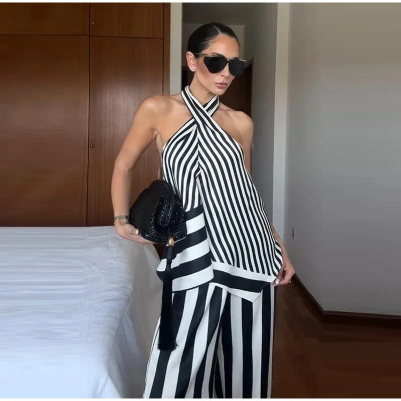 Striped Criss Cross Halter Two Piece Wide Leg Pants Set For Women