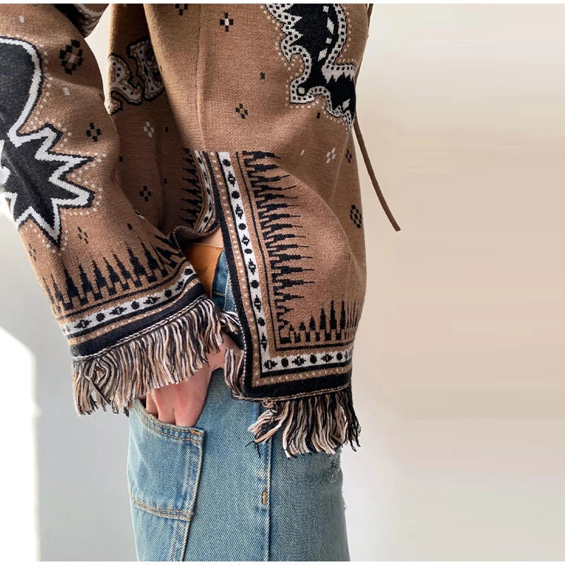 Ethnic Tassel Women 's Sweater Knitted V-neck Bandage Thicken Full Sleeve Jumper For Woman Winter Woman Coats Jacket Knitwear