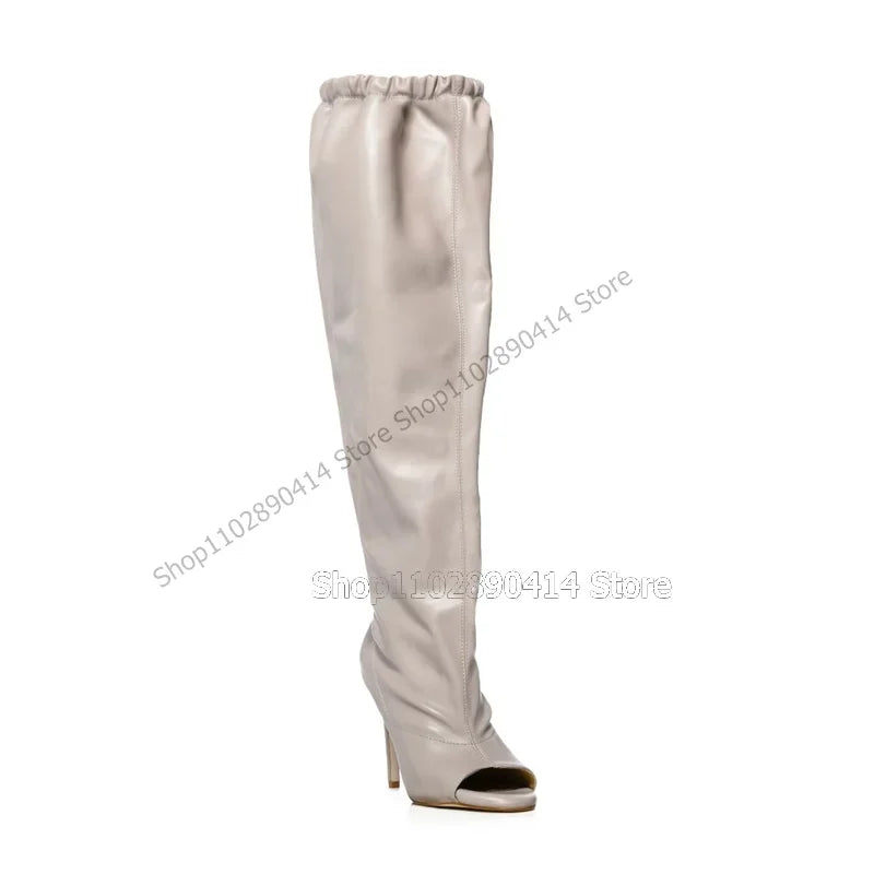 Gray Elastic Pleated Open Toe Thigh High Boots For Women