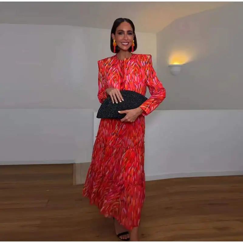 Printed Halter Neck Maxi Dress and Cropped Jacket Set for Women