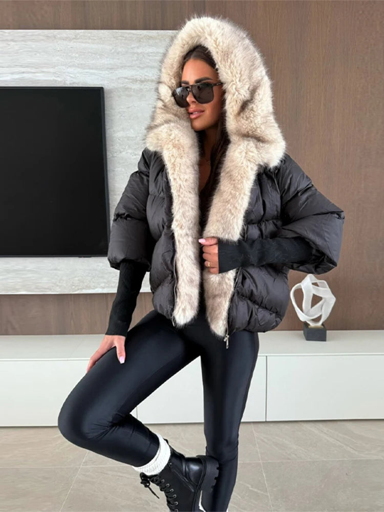 Vintage Women's Fur Coat Elegant Furs Collar Puffer Thicken Full Sleeve Jacket With Furs Female 2025 Autumn Winter Woman Coats