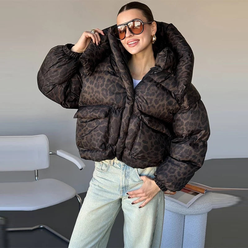 Casual Leopard Print Hooded Puffer Jacket For Women