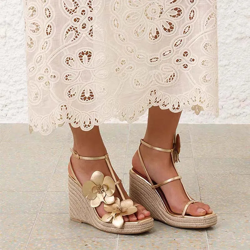 Gold Flower Woven High Heel Sandals