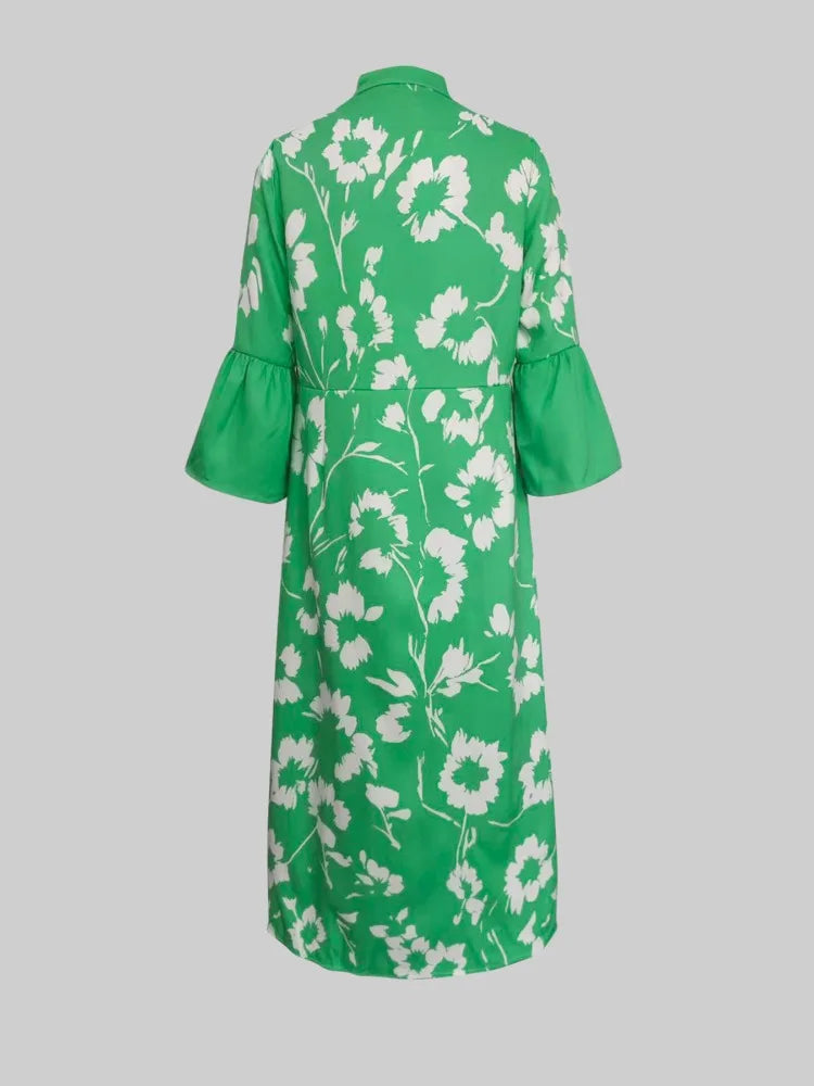 Gymystars Elegant Party Dresses V-Neck Maxi Dresses for Women Fashion Flared Sleeves Flower Print Casual Vacation Green Dresses