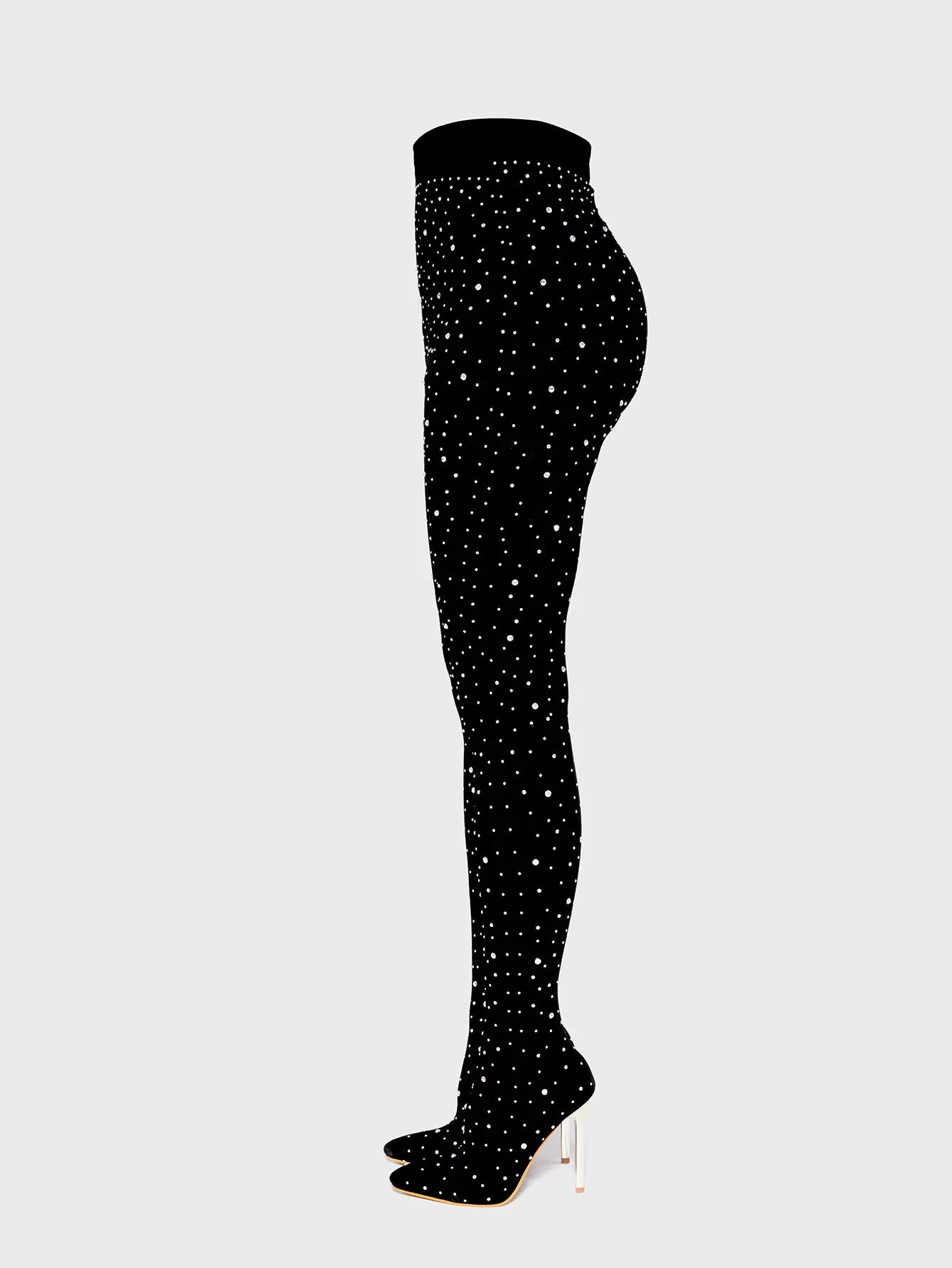 Black Lace Crystal Pointed Toe Over The Knee Boots For Women