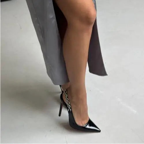 Shiny Crystal Chain Patent Leather Pointed Toe Pumps for Women