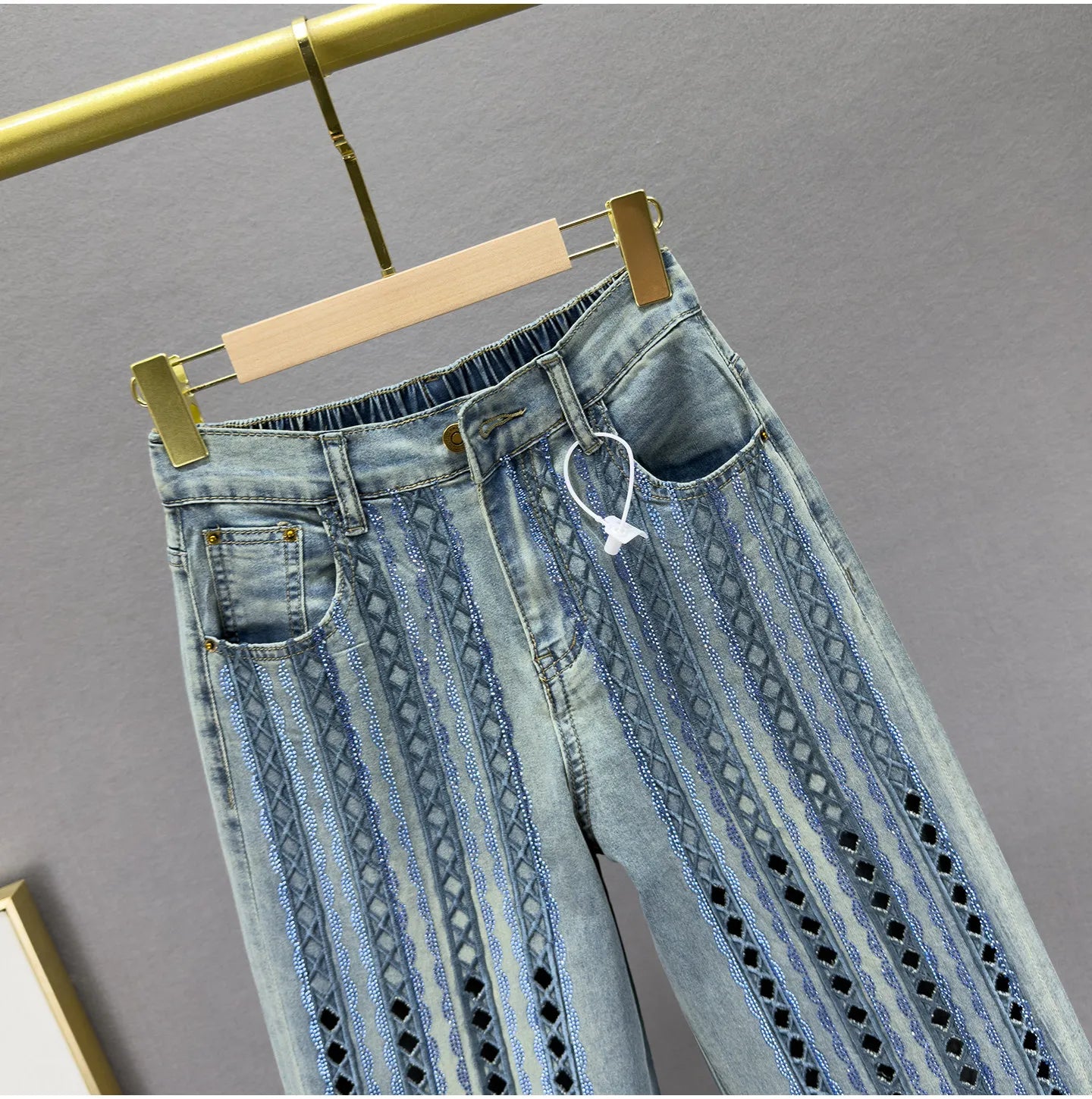 Heavy Cut Out Hot Diamond Jeans Women's Cropped Pants Summer New Fashion Thin High Waist Loose Slimming Straight-leg Pants