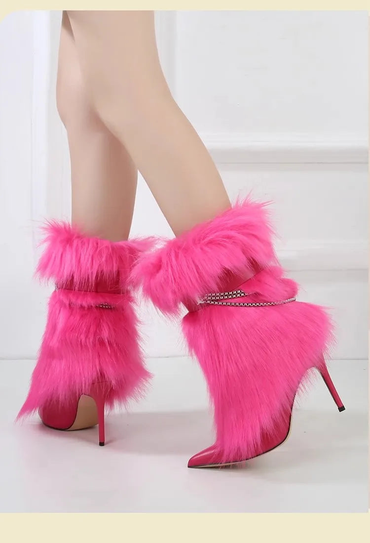 Fuchsia Faux Fur Buckle Ankle Boots
