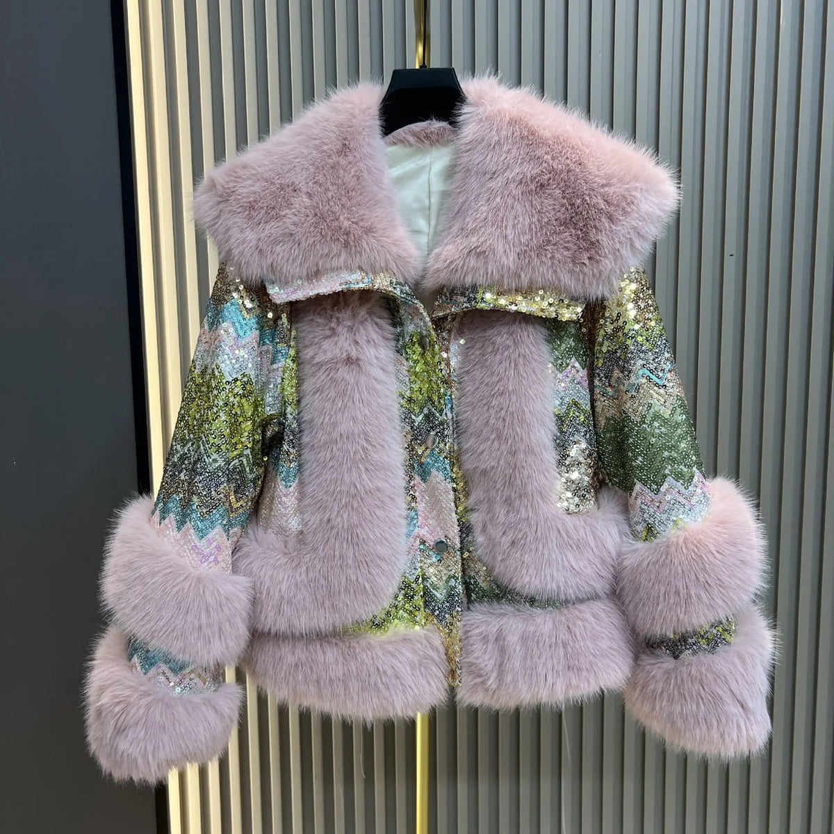 Purple Sequined Faux Fur Coat
