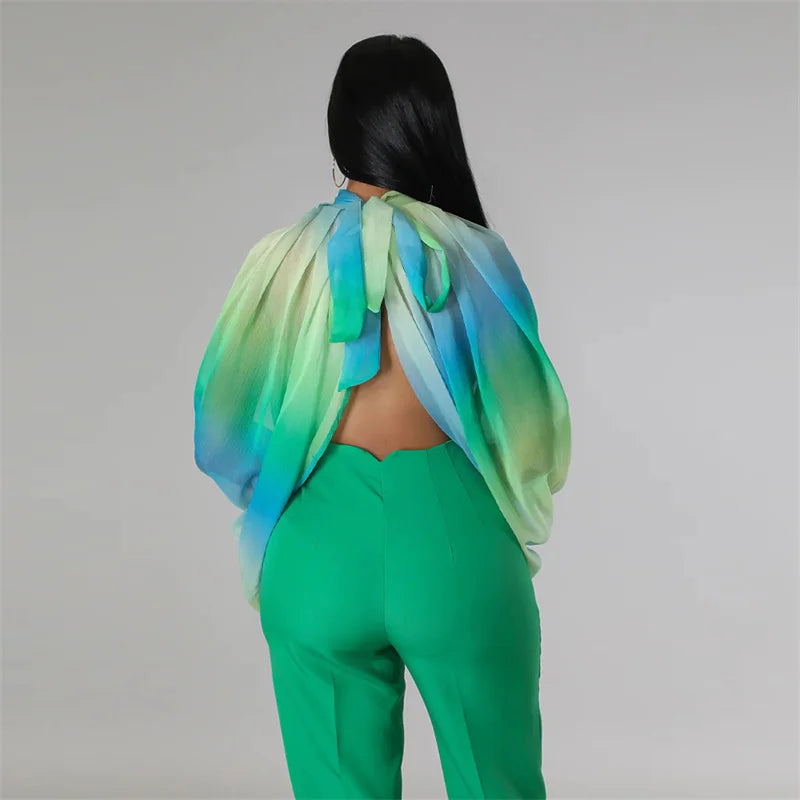 Printed Batwing Sleeve Chiffon Blouse With Sheer Front for Women